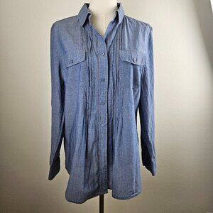 Chico's Womens Blue Roll Tab Sleeve Collared Button Up Pleated Shirt-No Tags